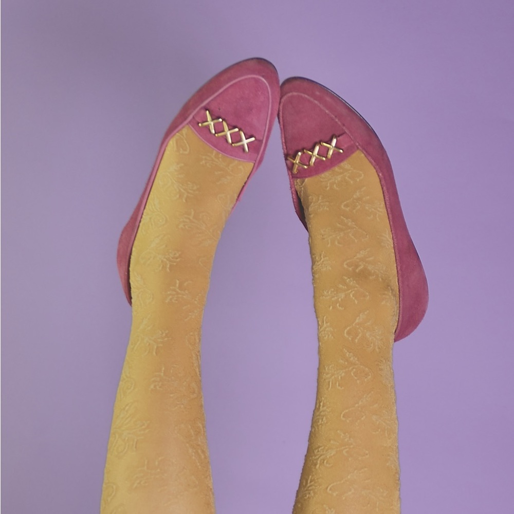 hot pink suede loafers with gold XXX buckle